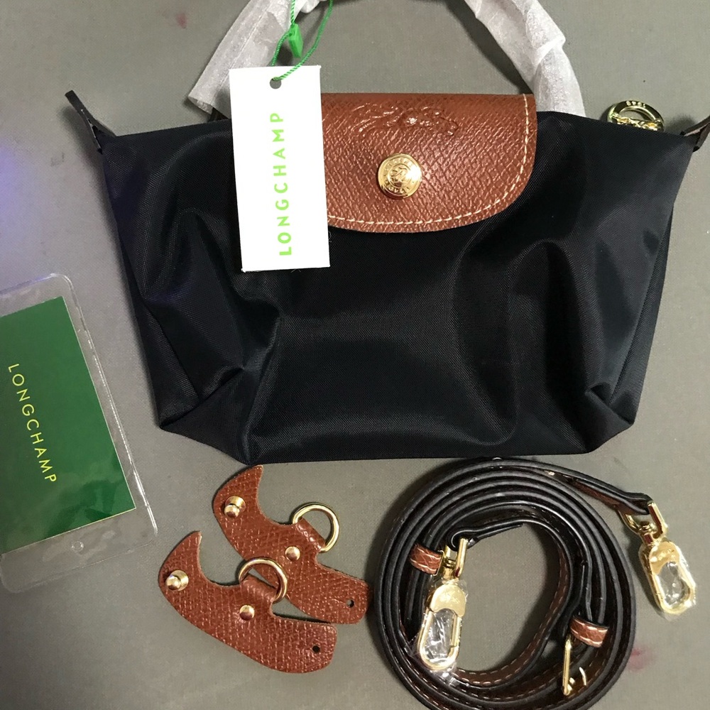 Longchamp Black Nylon Mini Bag with Brown Leather Flap